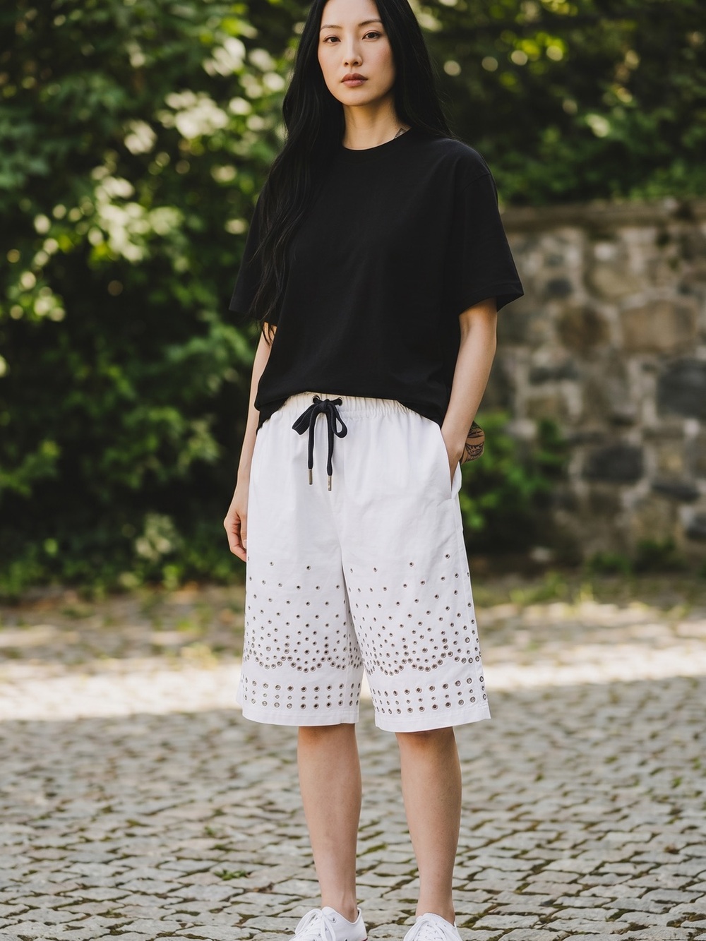 Alexander Wang White Grommet Embellished Oversized Board Short
